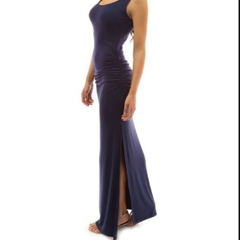 Yokodea | Dark Blue Side-Slit Sleeveless Maxi Dress